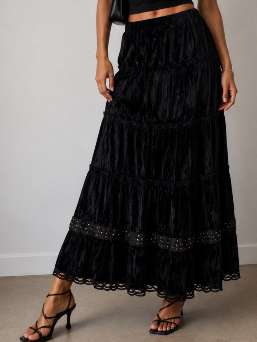 NWT Tribal Black Crinkle Velvet Tiered Maxi Skirt